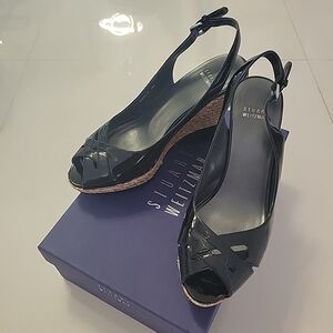 Stuart Weitzman Black Patent Leather Peep-Toe Wedge Slingbacks